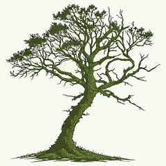 Fototapeta premium Stylized green tree with textured bark and sparse foliage