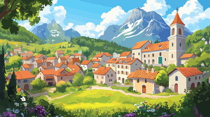 Obraz premium Scenic Town and Nature Countryside in Mead Field, Country Landscape Stock Photo