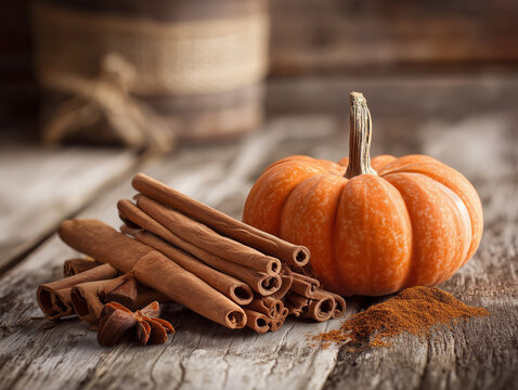 Pumpkin and cinnamon sticks on rustic table - Powered by Adobe