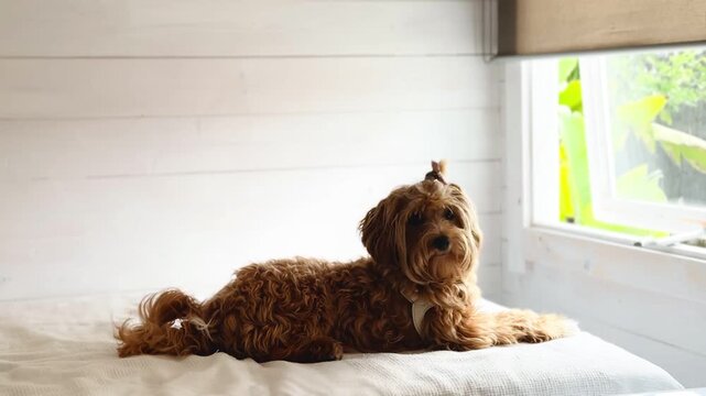 Cute puppy lying on bed looking out the window, calm indoor moment.