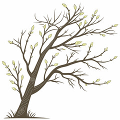Stylized tree with new spring leaves and swirling bark detail