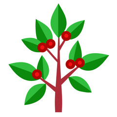 Stylized branch with green leaves and red berries