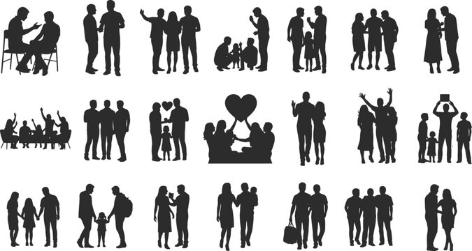 Vector silhouettes of diverse people walking, posing, and in groups, perfect for business and fashion illustrations