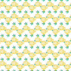 Seamless Pattern with Yellow Pumpkins and Green Leaves on White Background