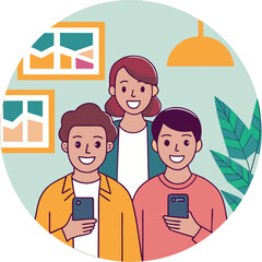 Three smiling people in a room with abstract art and plants holding smartphones group