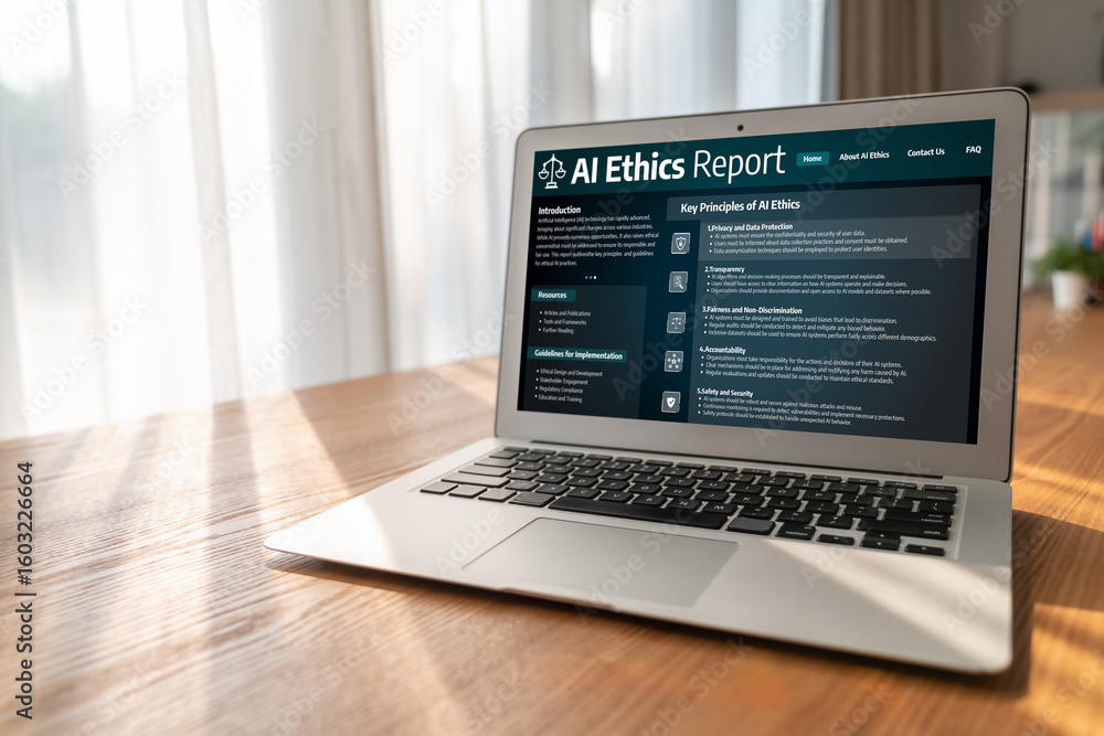 Poster ai ethics responsibility standard law and rules on computer screen provide report of ai ethic transp