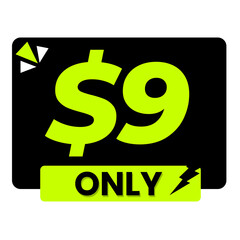 $9 only png, black colour price tag, minimal label design, fixed price icon