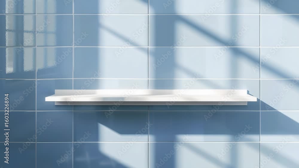 Poster a simple shelf on a blue tiled wall with some space for display or storage