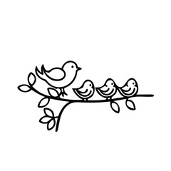 A single line drawing showing a mother bird with its babies