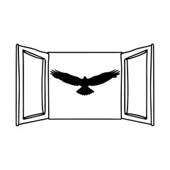 A bird flies freely through an open window towards endless possibilities