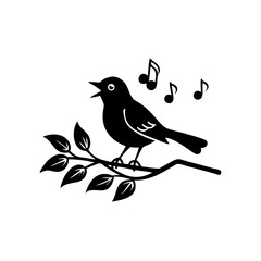 Illustration of a Singing Bird on a Branch with Musical Notes Around