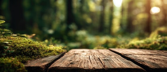 Stunning Forest Scene Wooden Plank in Mossy Setting