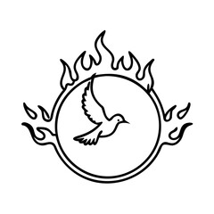 Elegant depiction of a dove in flight, surrounded by flames and circle