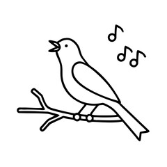 Minimalist illustration of a singing bird on a branch with music notes