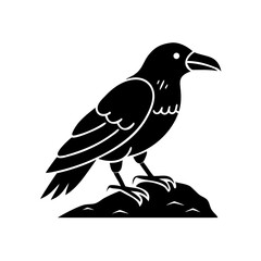 Black silhouette of a raven perched on a rock, simple vector style