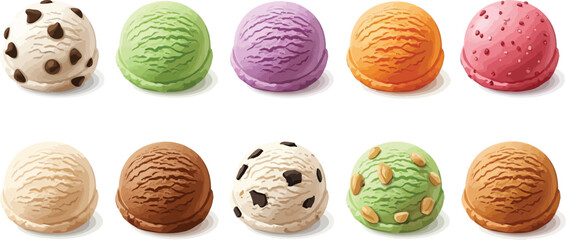 An assortment of ten ice cream scoops in various flavors and colors arranged on a white surface