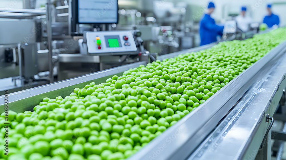 Poster automated food production line with peas. processing peas in a food factory. workers monitoring the 