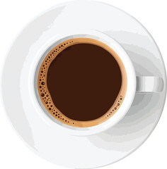 An overhead shot of a cup of dark coffee with foam in a white cup and saucer on white background