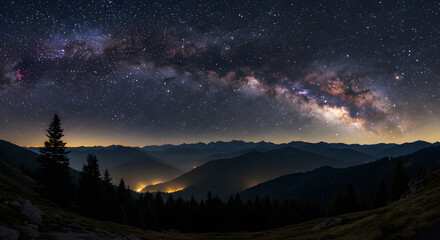 Naklejka premium Majestic Milky Way galaxy arching over a dark, silhouetted mountain range at night, with faint valley lights below.
