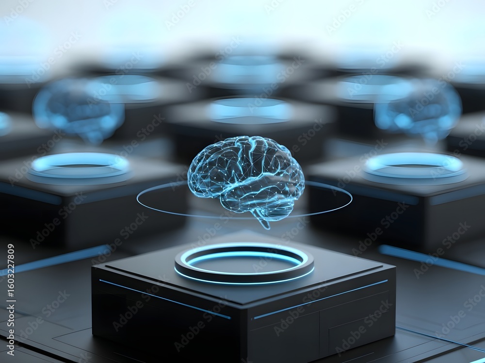 Poster artificial intelligence and neural network concept with glowing brain holograms displayed on black p