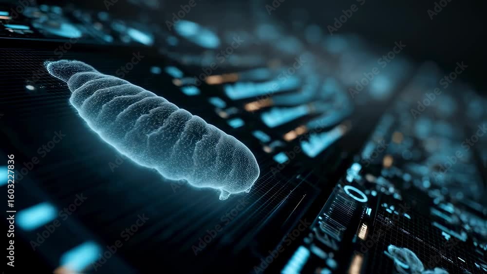 Aufkleber holographic projection of a microorganism being analyzed on a futuristic computer interface, display