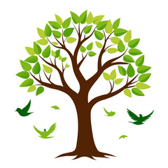 Stylized tree with green leaves and flying birds