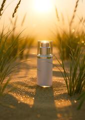 White cosmetic bottle with dispenser standing on sand among grass against sunset sky. Cosmetic design mockup