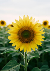 Close-up of a sunflower among a field of sunflowers against a clear sky
