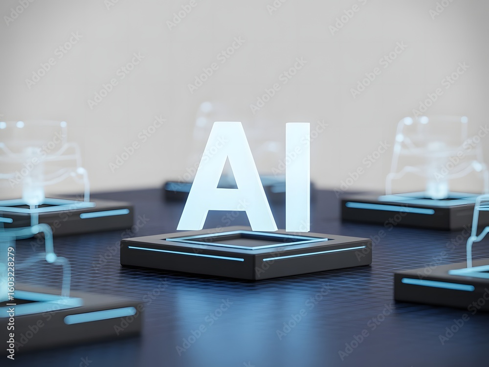 Poster artificial intelligence concept with ai letters on futuristic platforms representing machine learnin