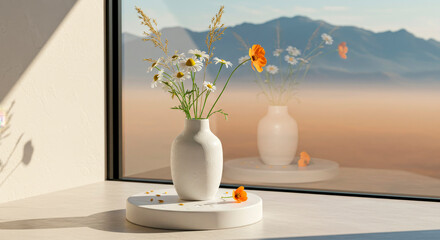  Vase with flowers on the background of a window with a mountain landscape during sunset. Still life with a bouquet of flowers on a windowsill