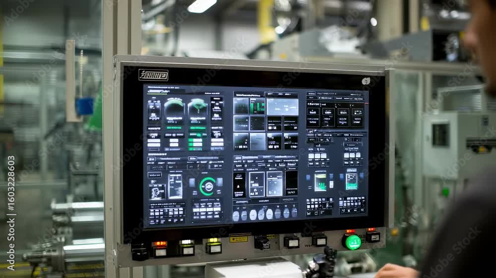 Poster supervisor operating a sophisticated control panel, managing and monitoring the production process i