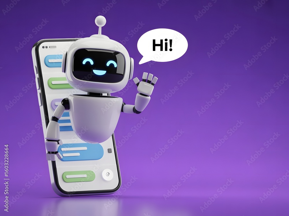 Poster friendly robot character waving from smartphone screen chatbot ai technology