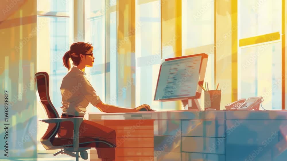 Poster a woman sits at a desk with a computer and works on a task