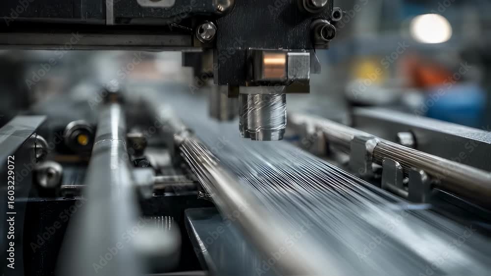 Poster automated machinery precisely handling thin metal wires on a production line, showcasing advanced ma