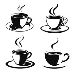 Hot coffee cups set, steaming coffee icons, black coffee silhouette, espresso mug vector, cafe drink symbols