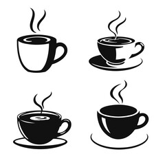 Hot coffee cups set, steaming coffee icons, black coffee silhouette, espresso mug vector, cafe drink symbols