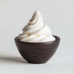 Creamy soft serve ice cream swirl in a dark ceramic bowl isolated on white background