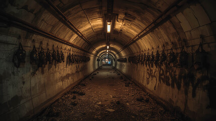 Obraz premium Eerie Abandoned Tunnel with Gas Masks