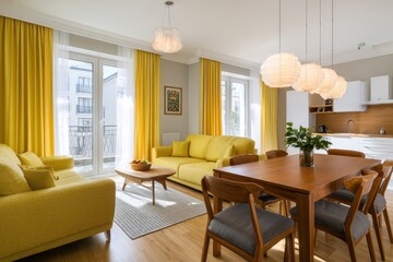 Fototapeta premium Cozy couches and a wooden dining set in a modern apartment with yellow walls
