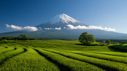 Scenic landscape of a snow-capped mountain rising above lush green fields, under a clear blue sky. A picturesque vista of nature's beauty and tranquility.