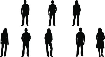 Diverse silhouettes of business people, a group of men and women in suits, stand as a vector illustration representing teamwork and success in an office setting