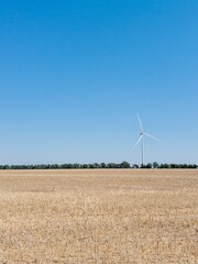 Wind turbine on dry field under clear blue sky. Concept of clean energy, rural landscape. single...