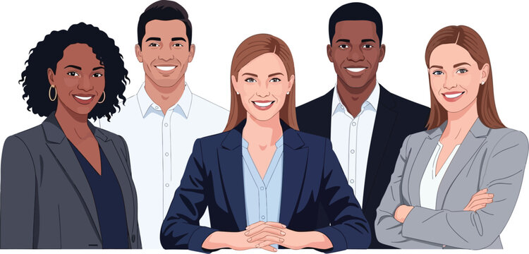 Diverse group of five business professionals smiling against a plain white background image