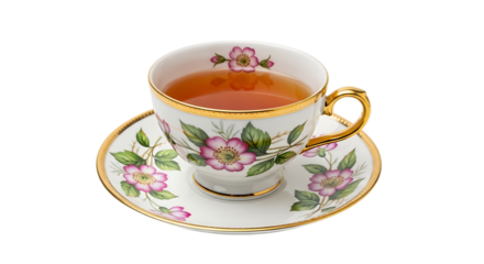 Antique floral teacup and saucer filled with tea isolated on transparent background
