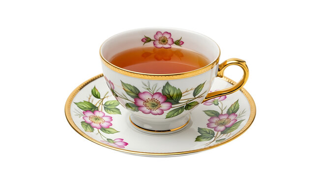 Antique floral teacup and saucer filled with tea isolated on transparent background - Powered by Adobe