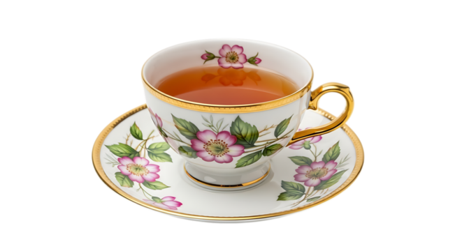 Antique floral teacup and saucer filled with tea isolated on transparent background