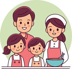 Obraz premium Cartoon family of four smiling together with mother wearing apron and holding bowl