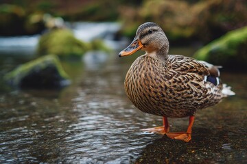 Fototapeta premium Detailed shot of a brown mallard duck in Trillium Lake Oregon USA
