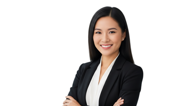 Smiling businesswoman in black blazer isolated on transparent background
