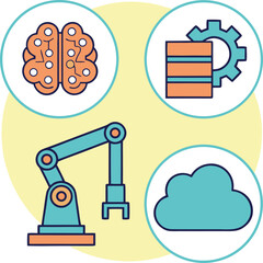 Robotic arm brain data cloud and gear icons on yellow background technology robotics